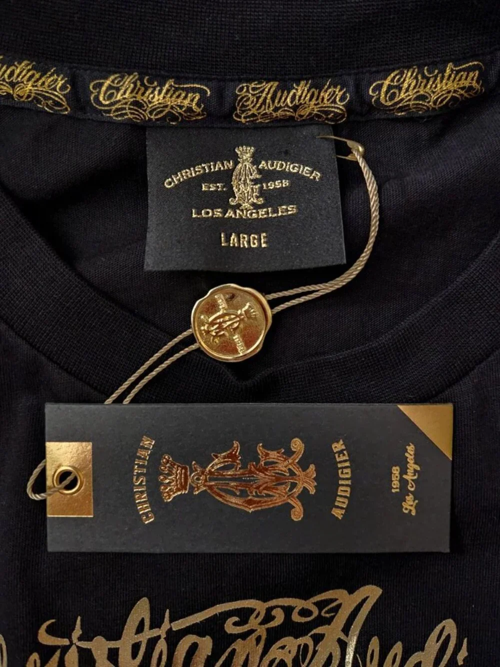 Christian Audigier Good Luck Shirt Large Black Crew Neck Graphic Rhinestones New